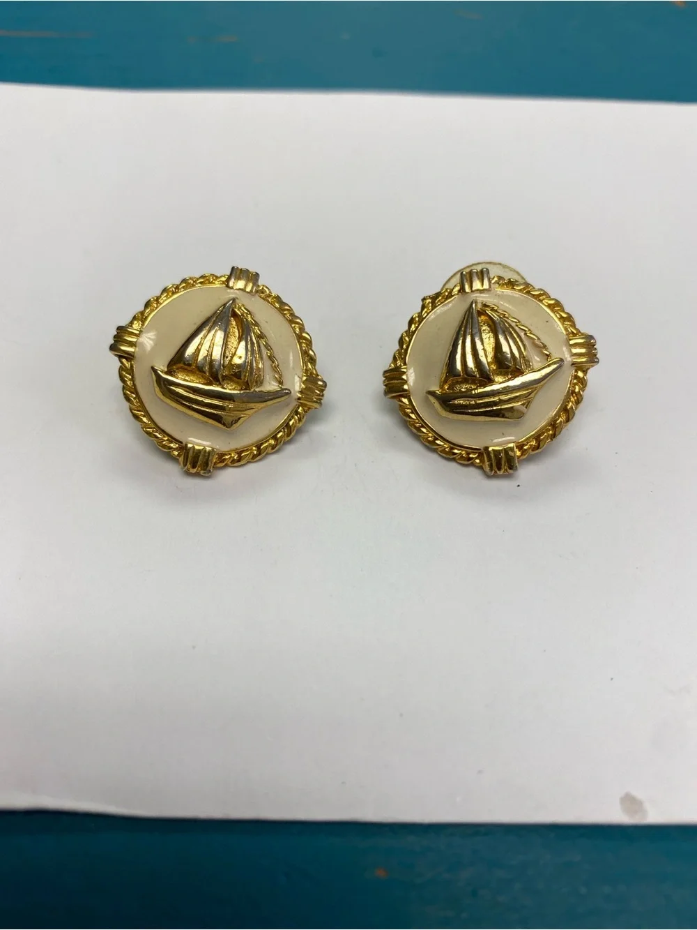 Vintage Gold-Tone Sailing Ship Round Button Earrings in Cream. Enamel